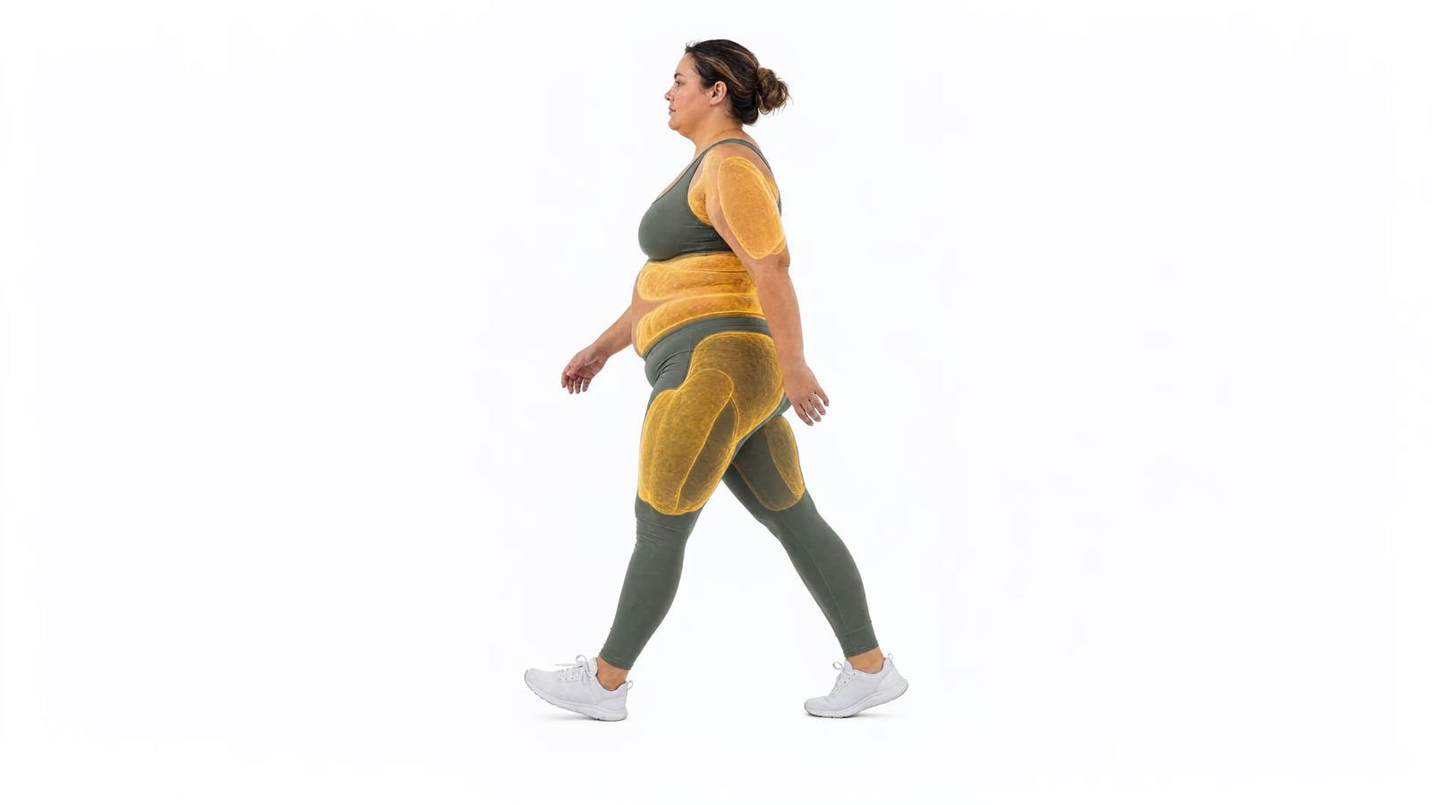 Mulher de roupa de academia caminhando de perfil, em representação visual da resposta do corpo ao acompanhamento.